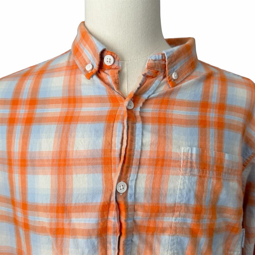 Columbia Men's Orange Blue Plaid 100% Cotton Long Sleeve Button Down Sz XL FLAW